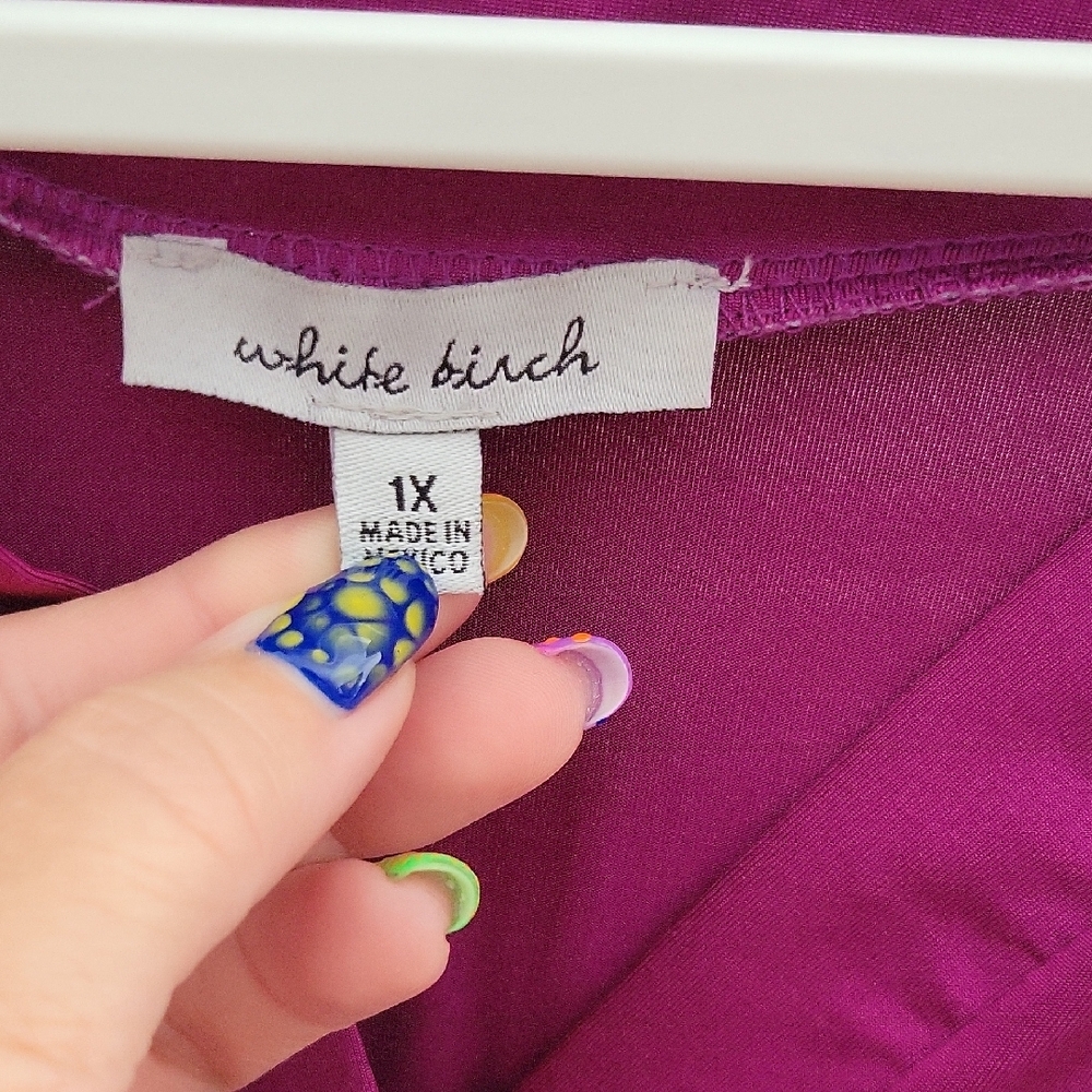 white birch Fuchsia V‑Neck Roll‑Tab Blouse - Picture 2 of 5